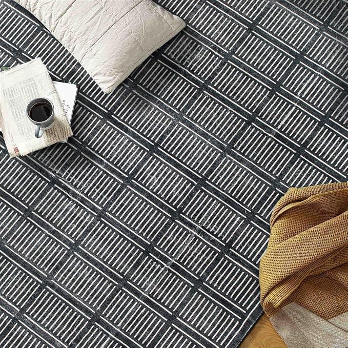 Rugshop Bohemian Stripe Lines Washable Non Slip Area Rug 3' x 5' Black - Image 8