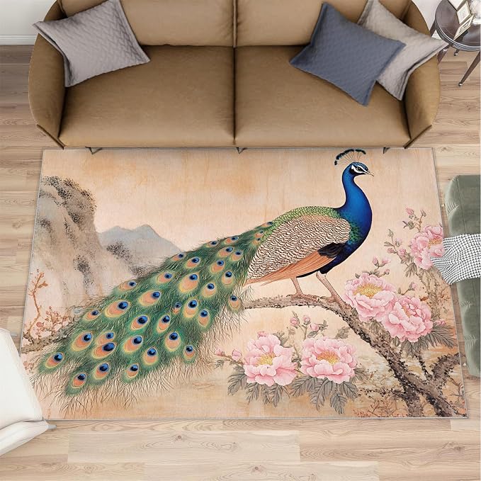 Peacock Peony Area Rug 3x5-3x5 Rug, Classic Peacock Peony Rugs by STRELEC