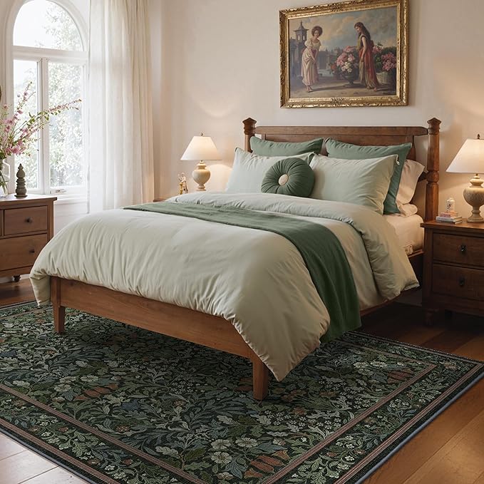Bavni Floral Dark Green Area Rugs 5x7, Vintage Boho Carpet Machine Washable - Image 3