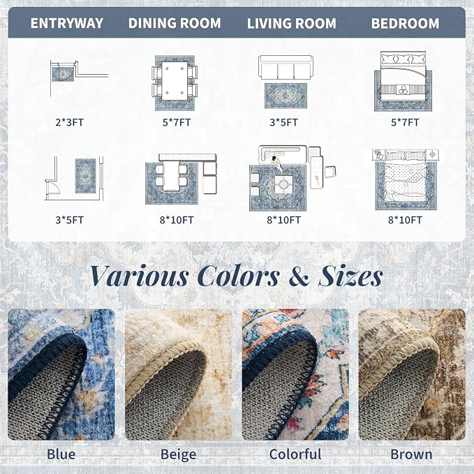 tchdio 8x10 Area Rugs for Living Room, Vintage Non Slip Washable Rug, Soft Low - Image 7