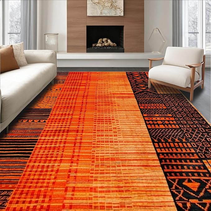 Flatwoven High Traffic Area Rug 6x9, Burnt Orange Copper Fiery Abstract Shape by ODIKA