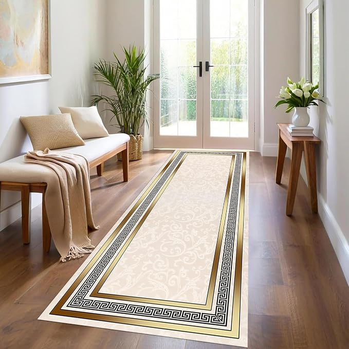 Classic Bohemian Hallway Rugs, Western Retro Greek Key Beige Fade Resistant - Image 4