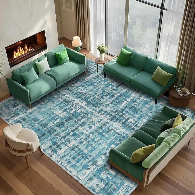 5x7 Abstract Area Rugs for Living Room, Modern Teal Blue Washable Indoor Rug by FLYRUGGO