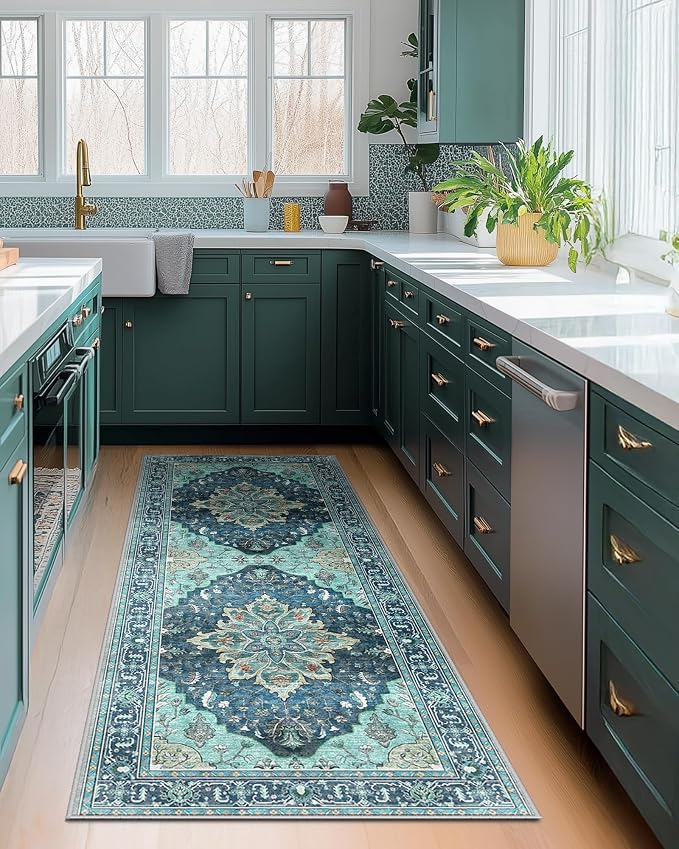 Area Rugs 2'x6' Washable Non-Slip, Floral Vintage Distress Print Pattern - Image 3