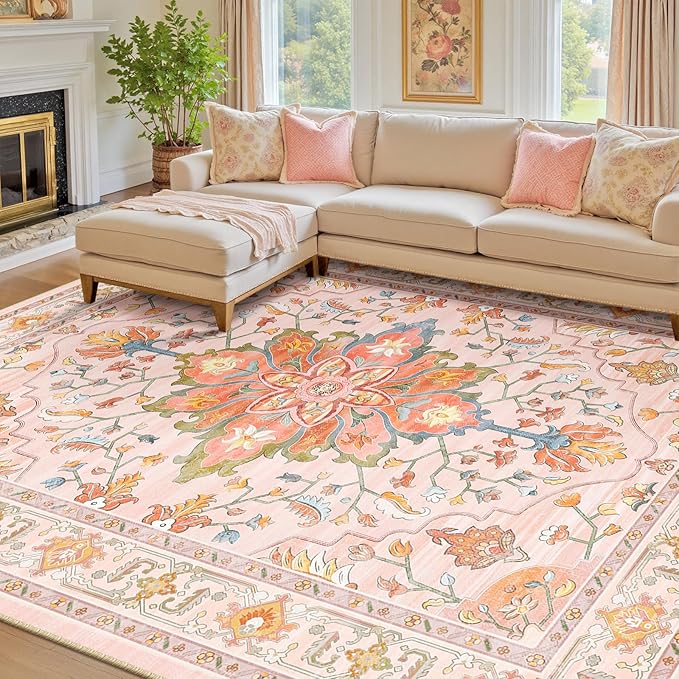 Area Rugs 8'x10' Washable Non-Slip, Floral Vintage Distress Print Pattern by RELEANY