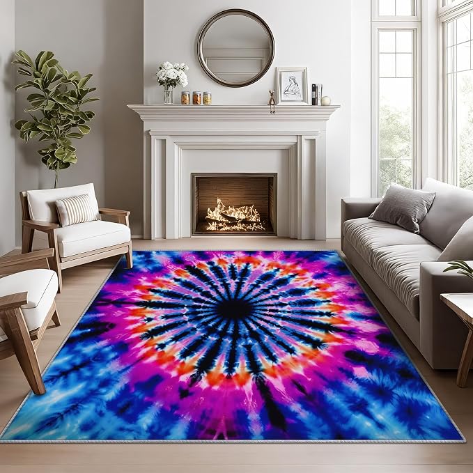 Tie Dye Rugs for Bedroom -Mandala Hippie Rug, 4x6 ft, Colorful Psychedelic by Phtbz