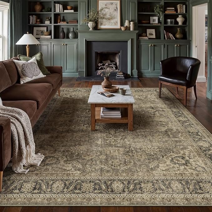 10x12 Brown Area Rug Vintage Living Room Bedroom Washable Carpet Non-Slip Soft by WondRg