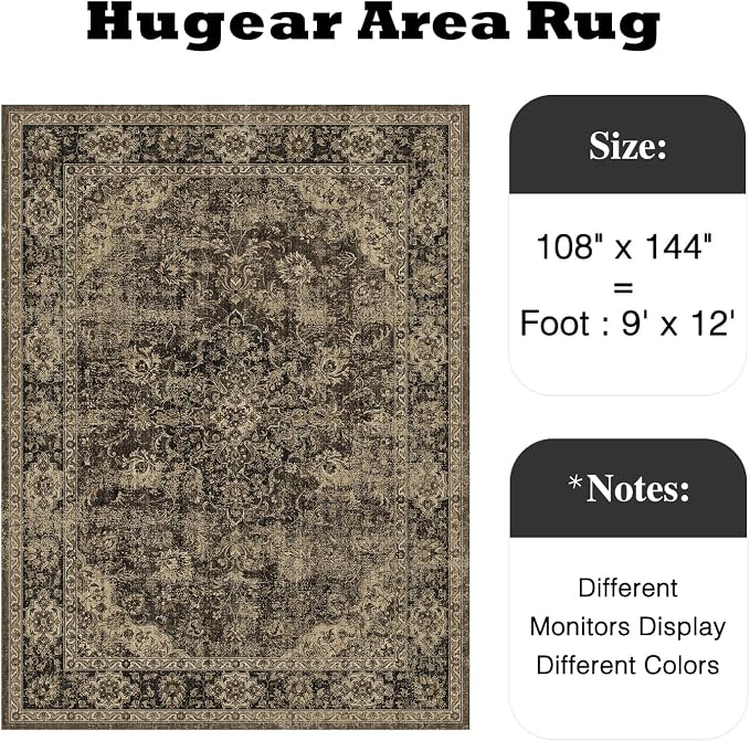 HUGEAR Retro Brown Area Rug 9x12 Machine Washable Living Room Rugs Distressed - Image 2