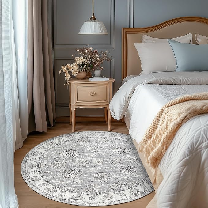 jinchan Fiora Round Rug 6ft Area Rugs Vintage Floral Distressed Design - Image 3