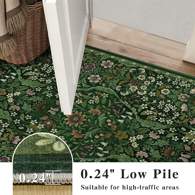 9x12 Dark Green Vintage Floral Area Rug, Washable Large Boho Living Room Rugs - Image 7