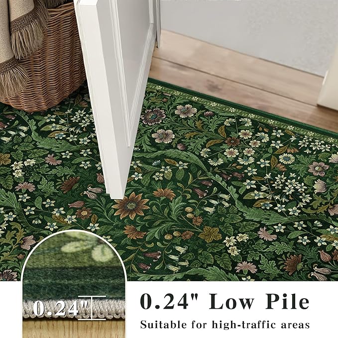 3x5 Dark Green Boho Floral Vintage Area Rug, Soft Lightweight Low Pile - Image 7