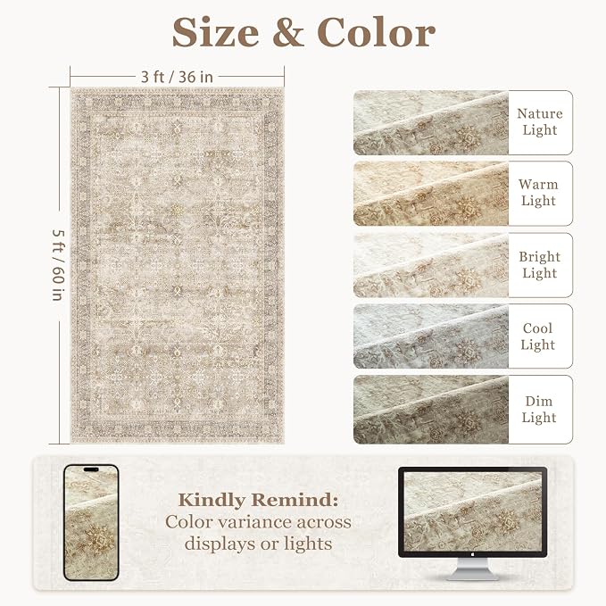 Vintage Beige 3x5 Entryway Rug Indoor Foyer, Neutral Earth Tone Throw Rug - Image 2
