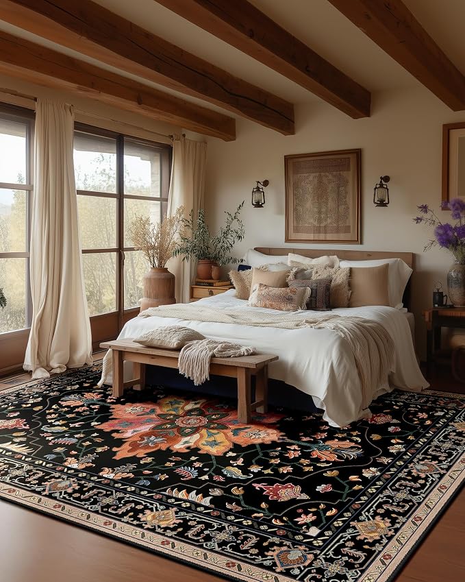 Area Rugs 10'x14' Washable Non-Slip, Floral Vintage Distress Print Pattern - Image 2