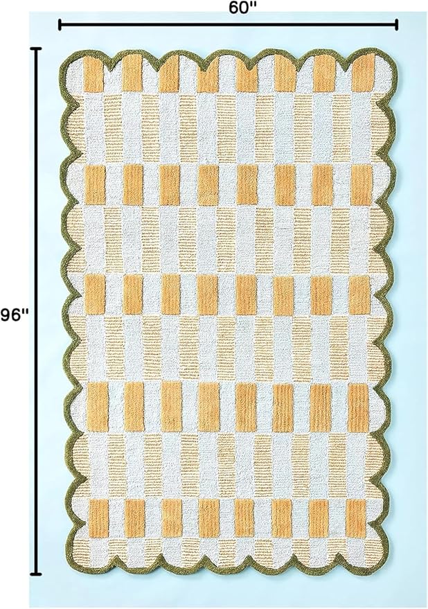 Hand-Tufted Wool Rug with Scalloped Edges, Light Blue Plaid Pattern, Cozy Soft - Image 3