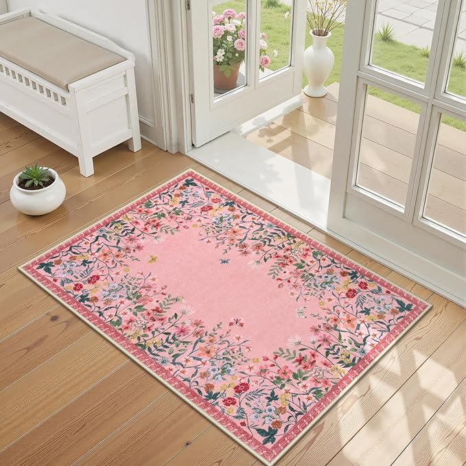 Wonnitar 2x3 Pink Bathroom Rugs Non Slip Washable, Floral Small Area Rugs by Wonnitar
