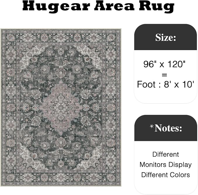 HUGEAR Retro Black Area Rug 8x10 Machine Washable Living Room Rugs Distressed - Image 2