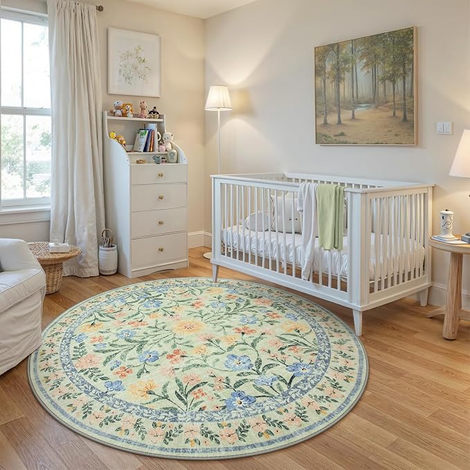 Wonnitar Washable Floral Round Rug, 6ft Sage Green Round Area Rugs - Image 7