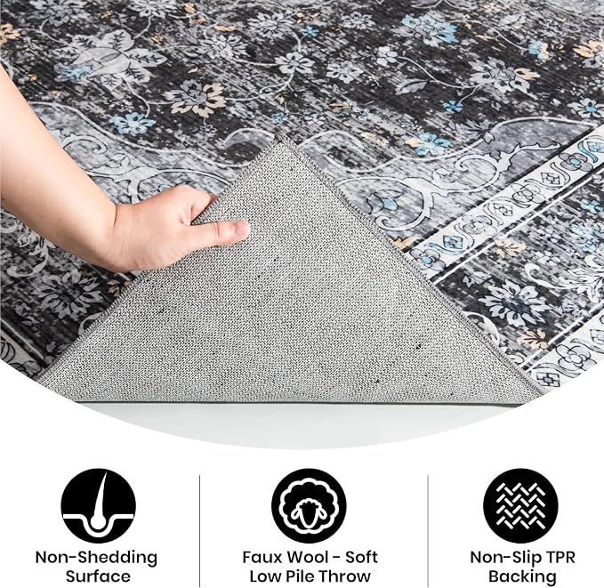 Area Rug - 9x12 Large Dining Room Rug Soft Living Room Mat, Vintage Washable - Image 4