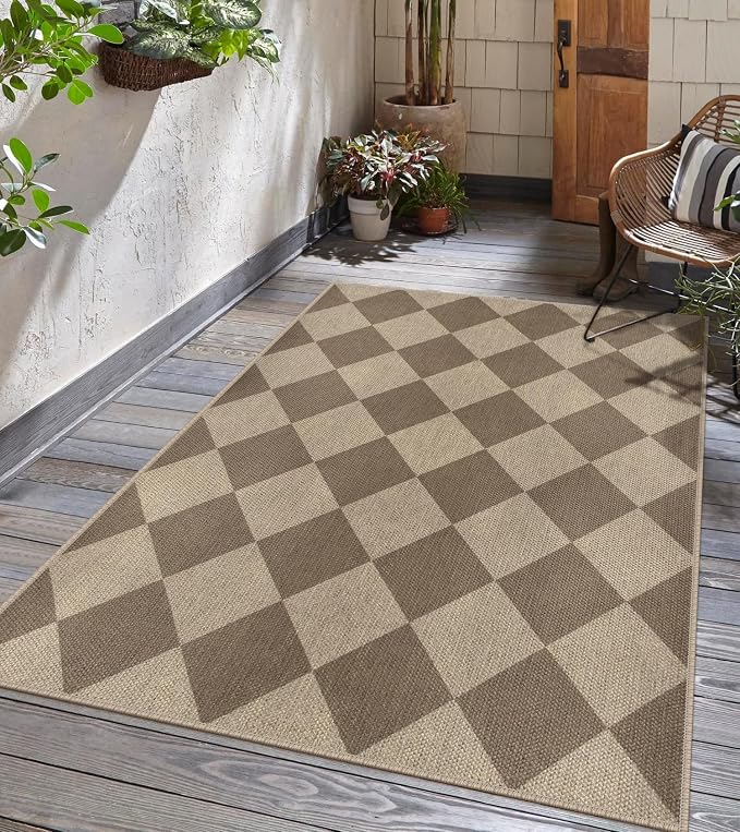 Easy Jute Checkered Area Rug, 3x5 Indoor Outdoor Entryway Rug Washable Brown - Image 5