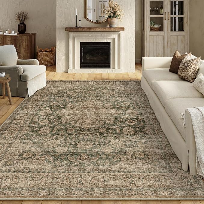 10x12 Vintage Area Rug Green Brown Living Room Bedroom Washable Carpet Non-Slip by WondRg