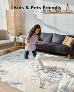 Washable Abstract Rug, 6x9 Ivory and Aqua Floral Area Rugs - Image 4