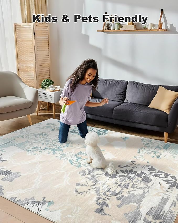 Washable Abstract Rug, 9x12 Ivory and Aqua Floral Area Rugs - Image 4