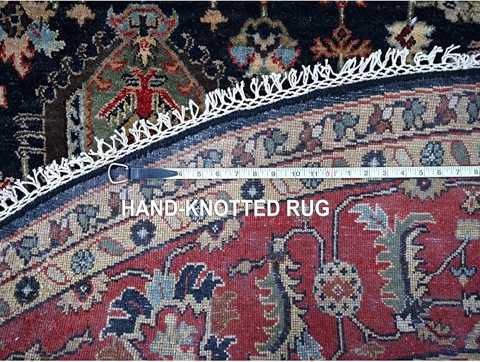 Power Black Hand Knotted All Over Pattern Pure Wool Round Oriental Rug - Image 8