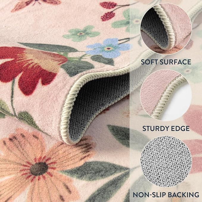 Lahome Floral Pink Rugs for Entryway, 2X3 Washable Kitchen Rug Non Slip - Image 6