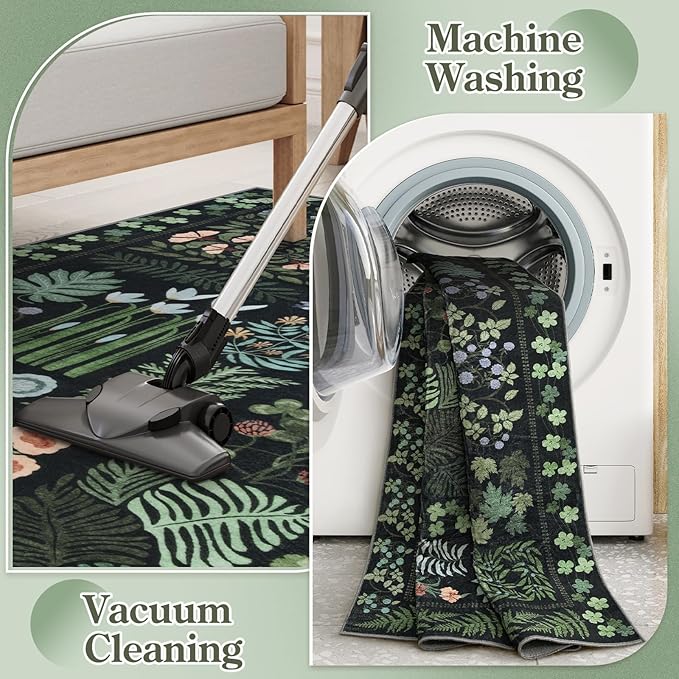 Floral Boho 3x5 Black Bathroom Entryway Kitchen Rug Non Slip Washable, - Image 6