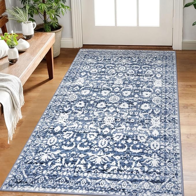 Vintage Floral 3x5 Rug, Light Blue White Entryway Rug Small Area Rug Washable by lansny