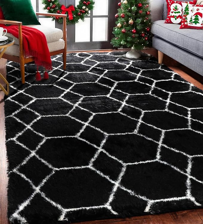 ONASAR Area Rugs for Bedroom Living Room, Fluffy 4x6 Black and White Rug by ONASAR