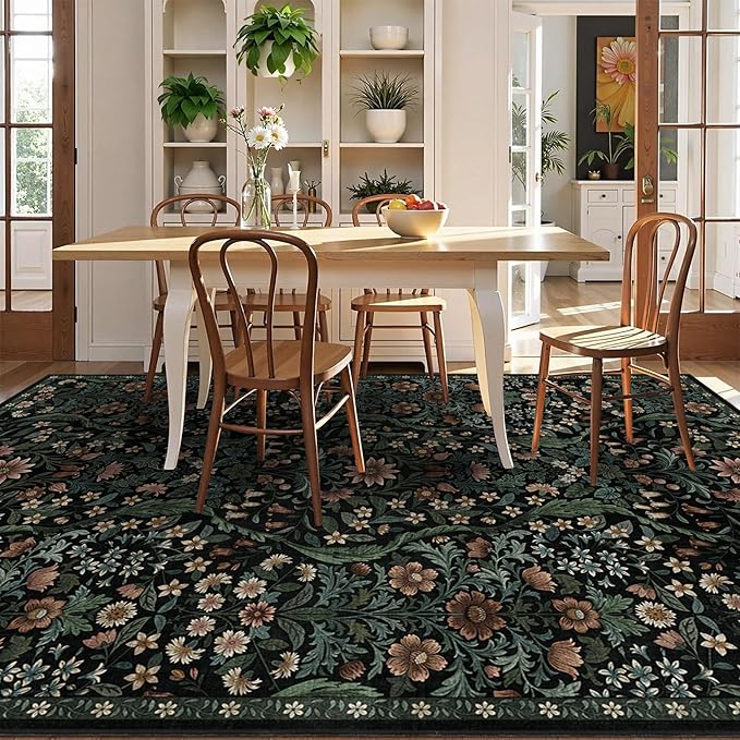 5×7 Black Washable Floral Area Rug, Vintage Boho Soft Low-Pile Living Room Rugs - Image 5