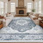 Area Rugs 10'x14' Washable Non-Slip, Floral Vintage Distress Print Pattern by RELEANY