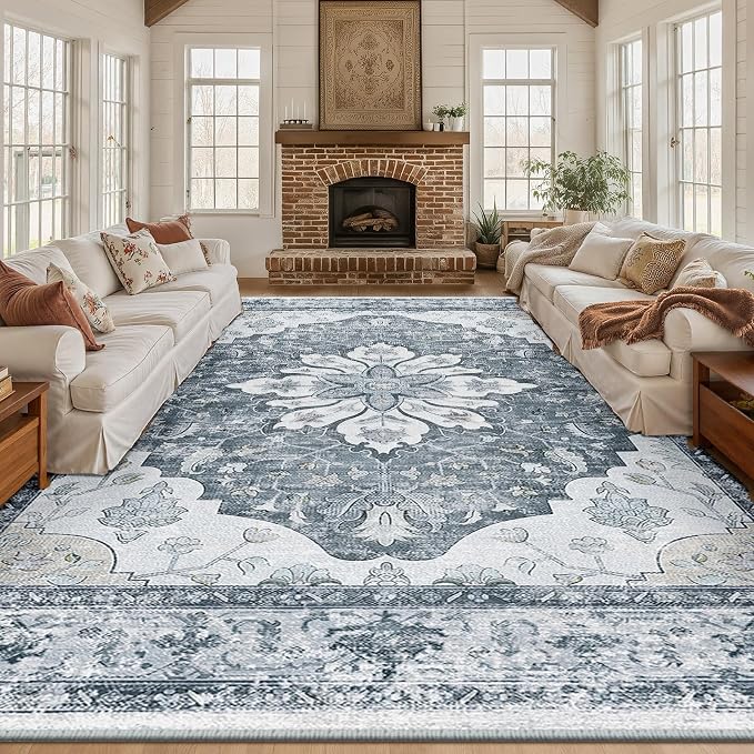 Area Rugs 10'x14' Washable Non-Slip, Floral Vintage Distress Print Pattern by RELEANY