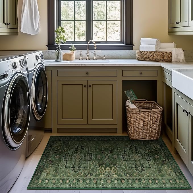 Dark Green 3x4 Rugs for Entryway Indoor, Distressed Medallion Door Mat Indoor - Image 4