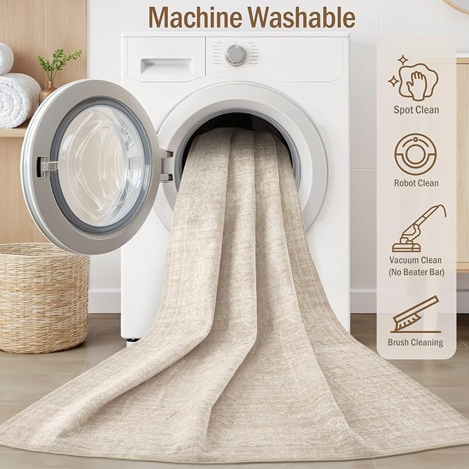 10x12 Area Rug Living Room: Washable Large Vintage Beige Rugs Neutral Non-Slip - Image 2