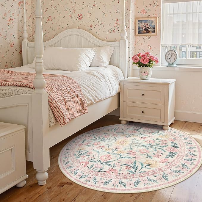 Wonnitar Pink Floral Round Rugs 5ft, Soft Circle Rug Non Slip Washable Round - Image 8