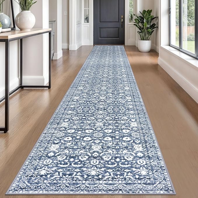 Runner Rug 2.6x18, Light Blue White Washable Long Hallway Rug Runner Non-Slip by lansny