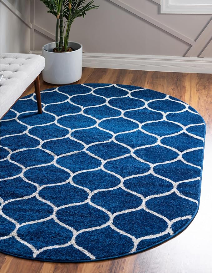 Rugs.com Lattice Frieze Collection Rug – 5' x 8' Oval Navy Blue Medium Rug by Rugscom