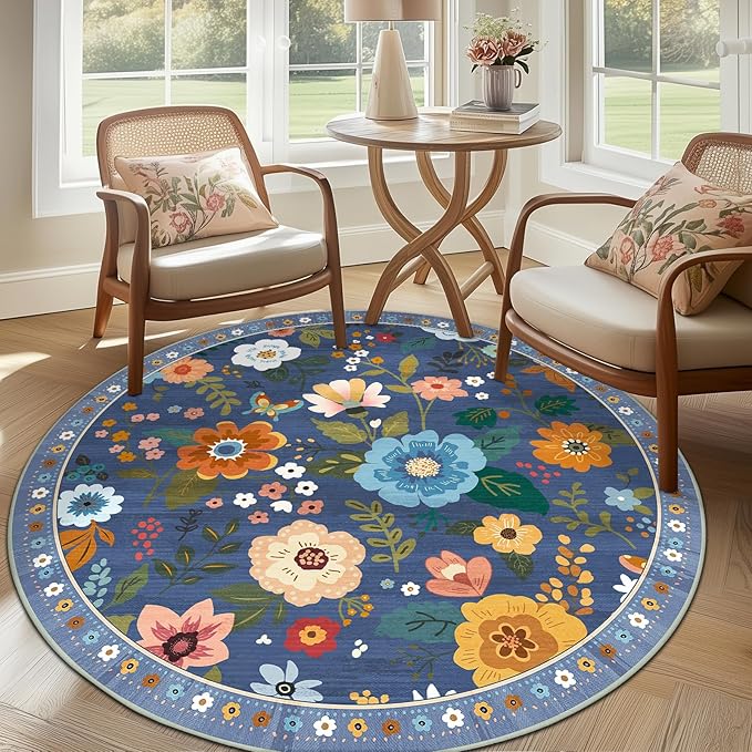Floral 6ft Area Rug Machine Washable Soft Print Boho Carpet Non Slip Doormat by RELEANY