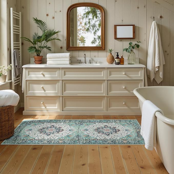 Area Rugs 2'x6' Washable Non-Slip, Floral Vintage Distress Print Pattern - Image 3