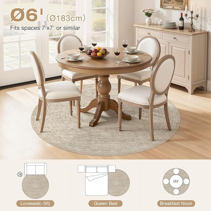 6ft Round Rug Living Room: Washable Large Vintage Rug Neutral Non-Slip Soft - Image 3