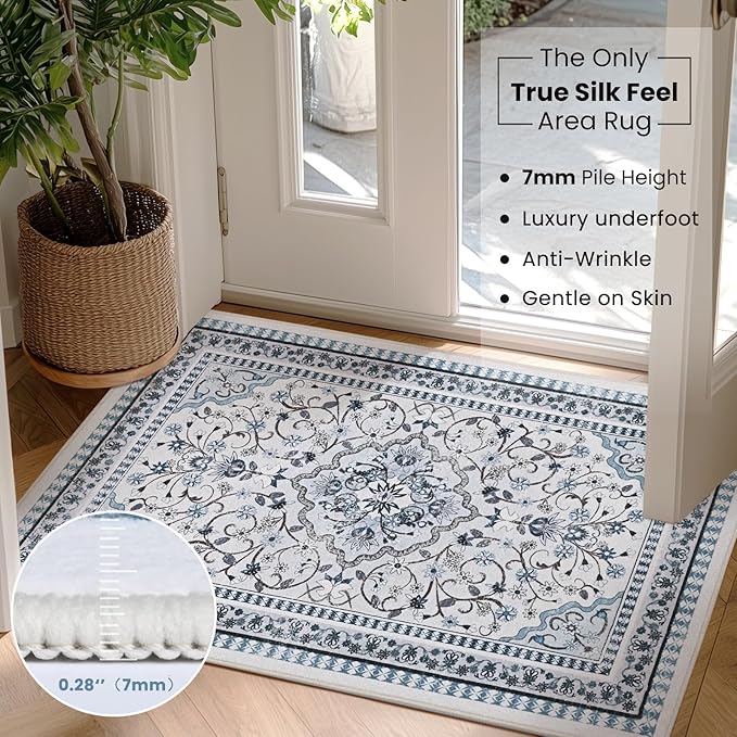 2' x 3' Blue Washable Area Rugs, Non-Slip Entryway Rug, Boho Low Pile Door Mat - Image 2
