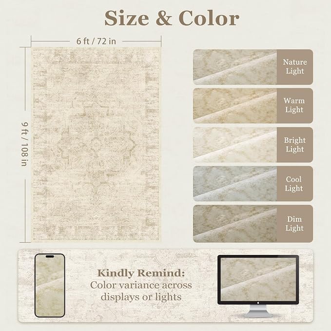 Distressed Beige Rugs for Living Room 6x9, Low Pile Thin Area Rugs for Bedroom - Image 2