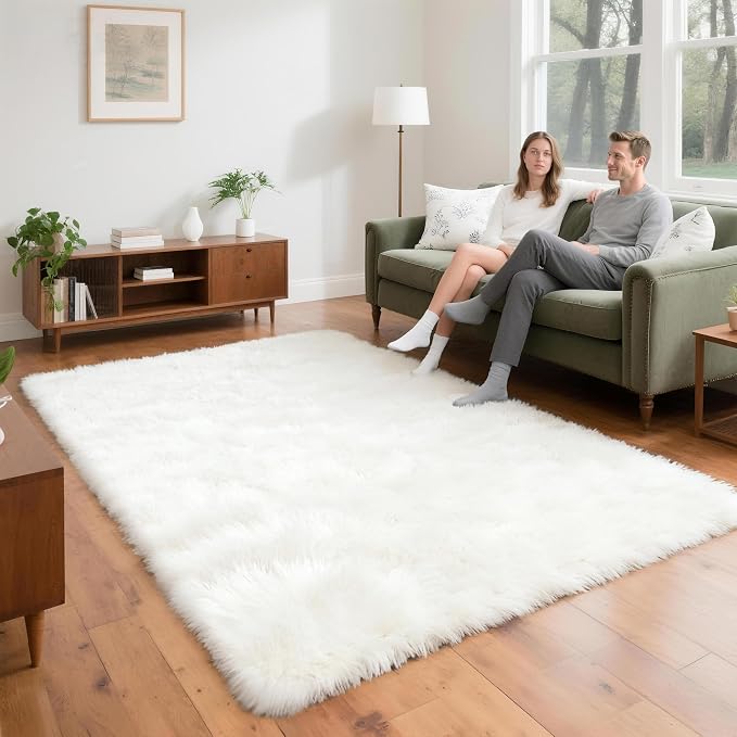 4x6 Solid Fluffy White Area Rug – Washable, Living Room Rug, Non-Slip High Pile - Image 7