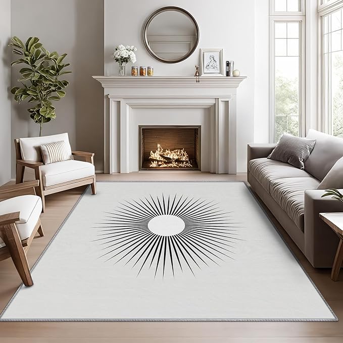 Mid Century Rugs for Living Room -Minimalist Sun Rug, 5x6 ft, Modern Abstract by Phtbz