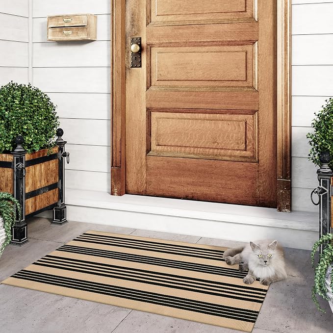 Black and Khaki Striped Rugs 2.3'x3.6', Washable Hand Woven Front Door Rug - Image 7