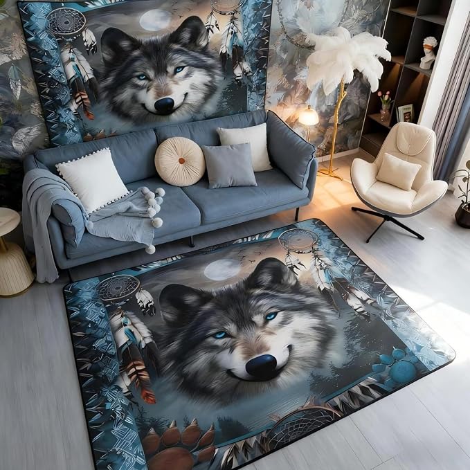 Western Wolf Large Area Rug 5x7 Bohemian Dream Catchers Living Room Rug | - Image 4