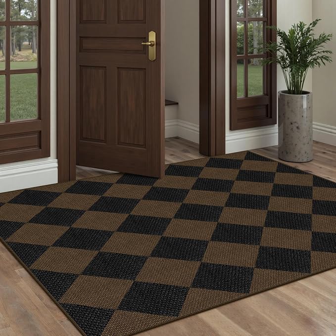 Easy Jute Checkered Area Rug, 3x5 Indoor Outdoor Entryway Rug Washable Coffee - Image 5