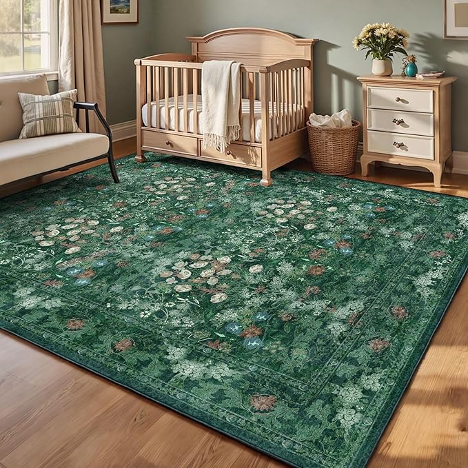 Green Boho Living Room 5x7 Area Rug, Floral Washable Vintage Distressed Rug - Image 4